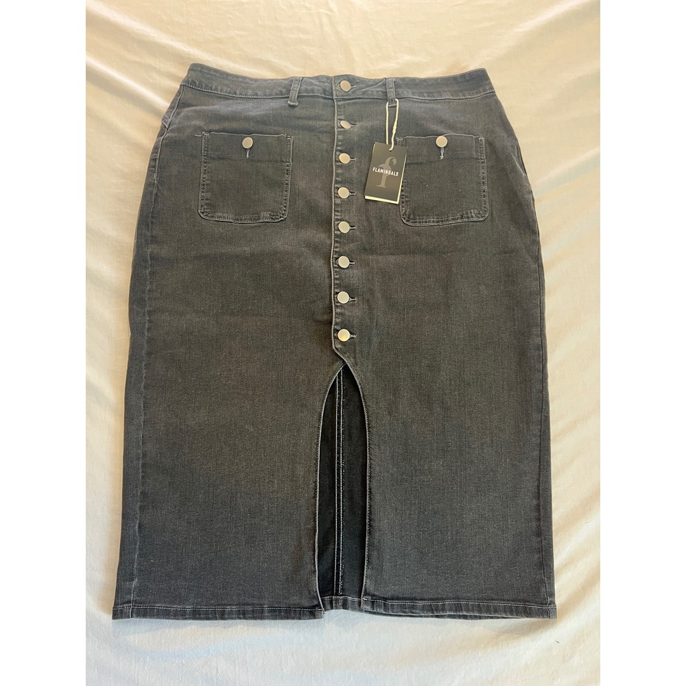 Flamingals Gray Denim Midi Skirt Button Front Front Slit Plus Size XXXXL NEW